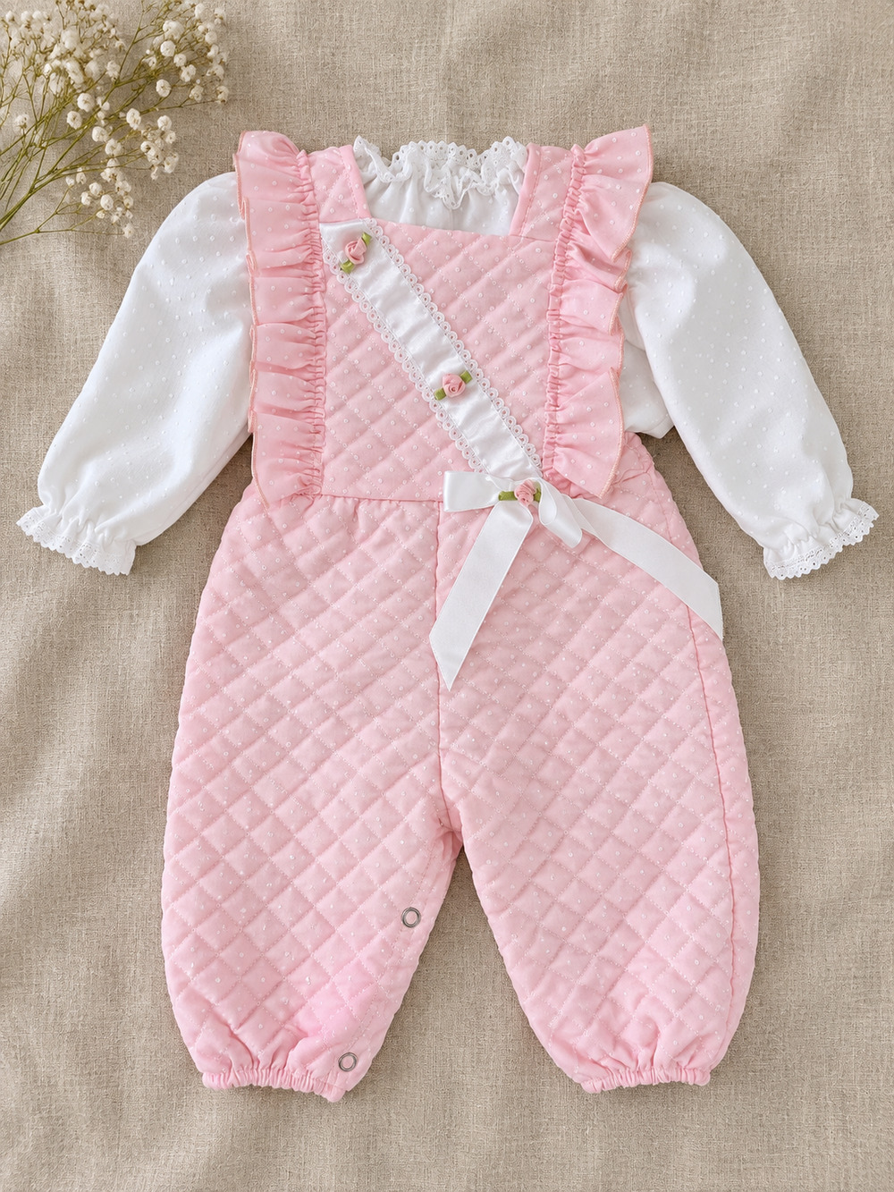 Vintage 80s Mothercare Pink Quilted Ruffle Rosette Romper & Blouse | Girls 6-9M